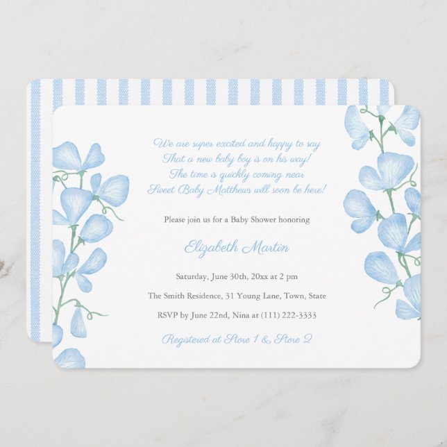 Watercolor Blue Sweet Peas Poem Boy Baby Shower Invitation (Front/Back)