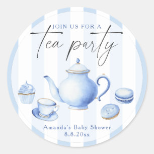 Watercolor Blue Tea Party Baby shower Classic Round Sticker