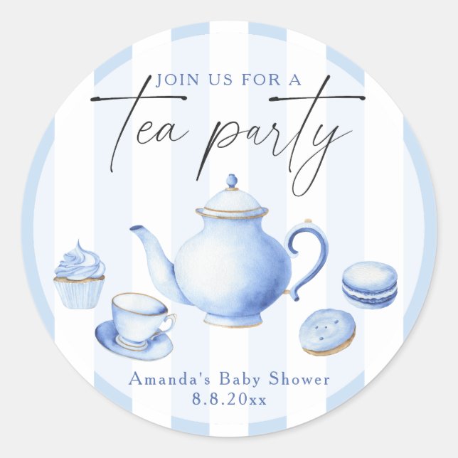 Watercolor Blue Tea Party Baby shower Classic Round Sticker (Front)