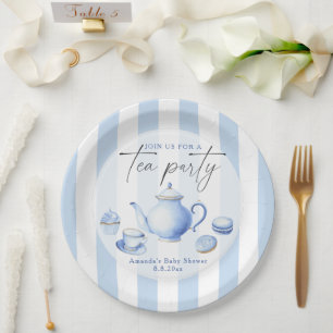 Watercolor Blue Tea Party Baby shower Paper Plate
