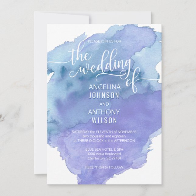 Watercolor Blue Teal Beach Wedding Invitations (Front)