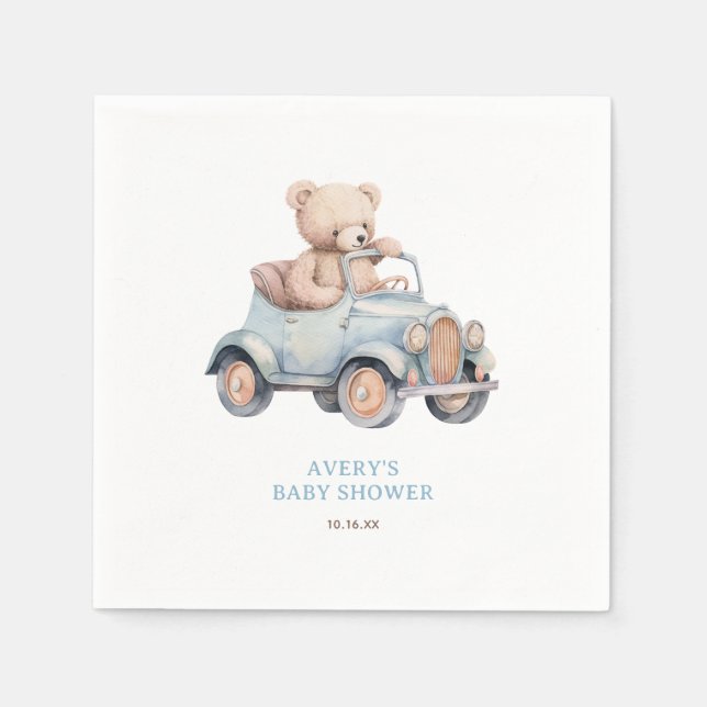 Watercolor Blue Teddy Bear Boy Baby Shower Napkin (Front)