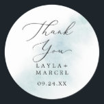Watercolor Blue Thank You Wedding Favour Sticker<br><div class="desc">These watercolor blue thank you wedding favour stickers are perfect for a modern wedding reception. The simple and classic design features a splash of pastel light blue water colour with minimalist elegant style. Personalise the sticker labels with your names, the event (if applicable), and the date. These stickers can be...</div>