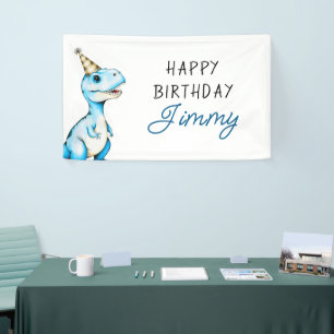 Watercolor Blue Three Rex Dinosaur Birthday Banner
