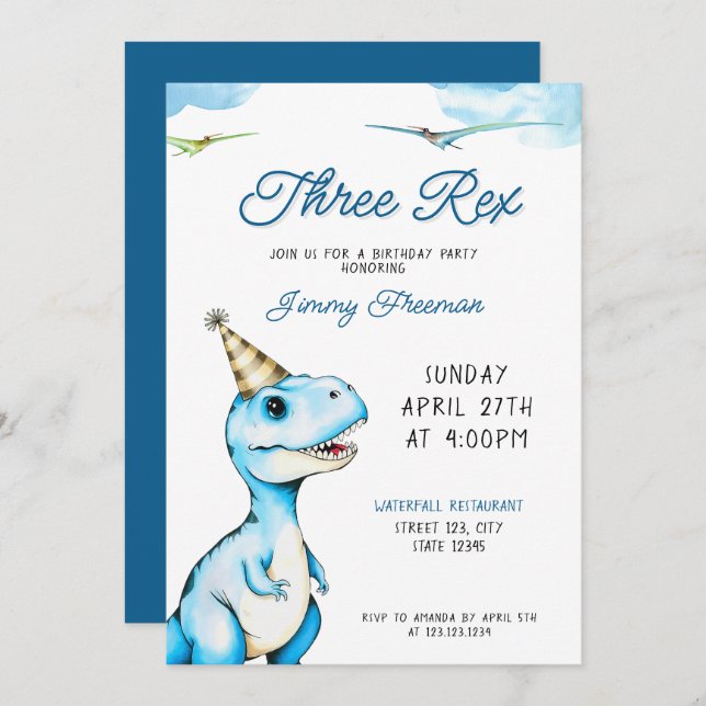 Watercolor Blue Three Rex Dinosaur Birthday Invitation (Front/Back)