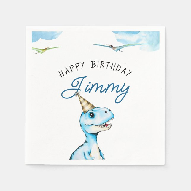 Watercolor Blue Three Rex Dinosaur Birthday Napkin (Front)