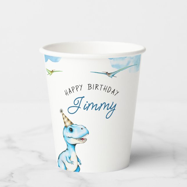 Watercolor Blue Three Rex Dinosaur Birthday Paper Cups (Front)