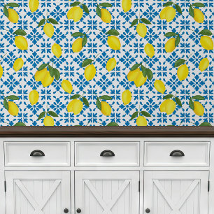 Watercolor Blue Tile Lemon  Wallpaper