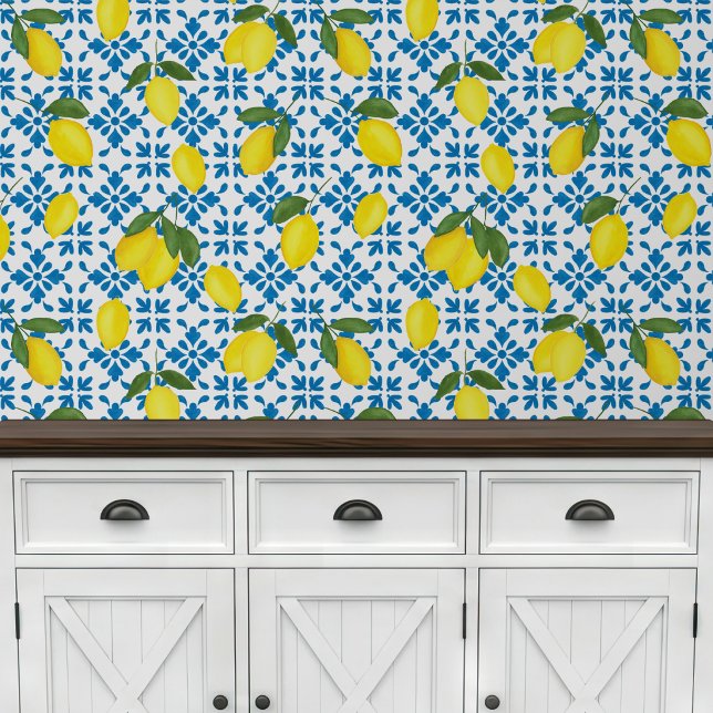 Watercolor Blue Tile Lemon  Wallpaper (Creator Uploaded)
