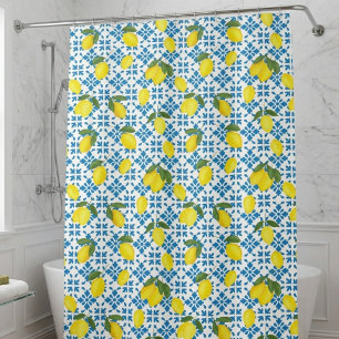 Watercolor Blue Tile Yellow Lemon Watercolor Shower Curtain
