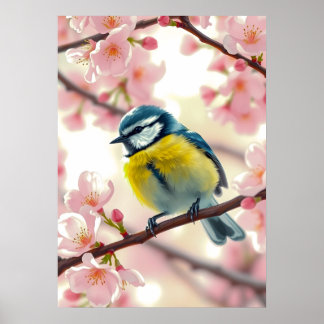 Watercolor Blue Tit Bird on Apple Tree Spring Post Poster