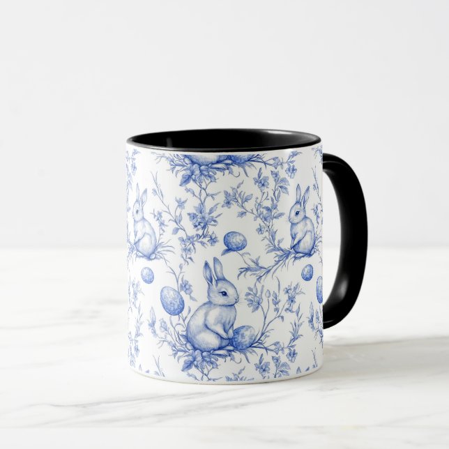 Watercolor Blue Toile De Jouy Easter Bunny Mug (Front Right)