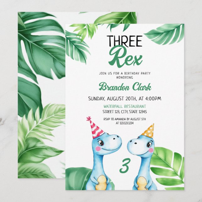 Watercolor Blue Trex Greenery Kids 3rd Birthday Invitation (Front/Back)