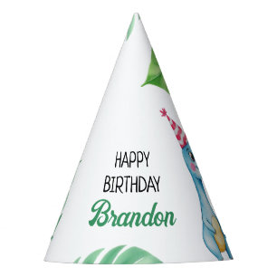 Watercolor Blue Trex Greenery Kids 3rd Birthday Party Hat