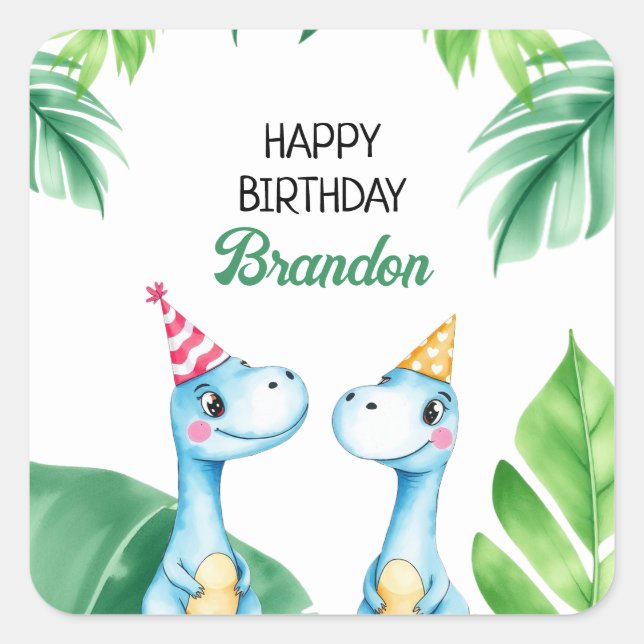 Watercolor Blue Trex Greenery Kids 3rd Birthday Square Sticker (Front)