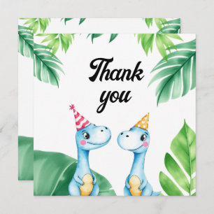 Watercolor Blue Trex Greenery Kids 3rd Birthday Thank You Card
