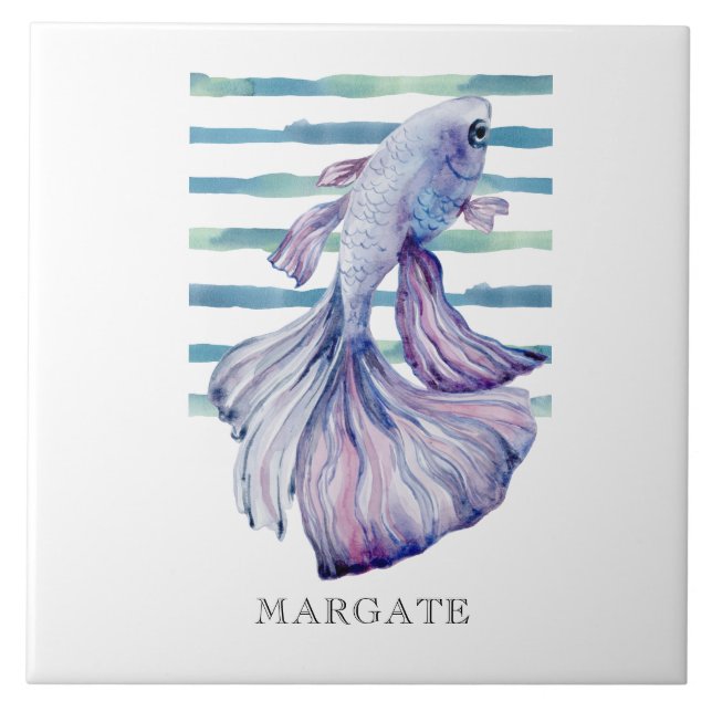 Watercolor Blue TROPICAL FISH  Beach MARGATE  Ceramic Tile (Front)