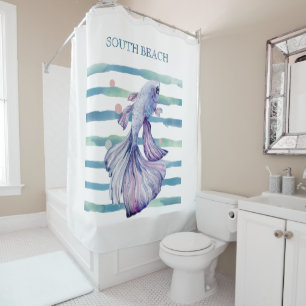 WATERCOLOR BLUE TROPICAL FISH BEACH VACATION  SHOWER CURTAIN