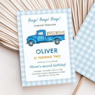 Watercolor Blue Truck Birthday Party Invitation