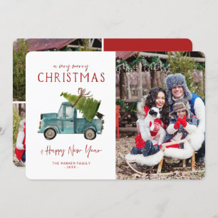 Watercolor Blue Truck   Christmas Holiday Photo Invitation
