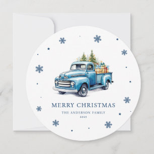 Watercolor Blue Truck Merry Christmas Card