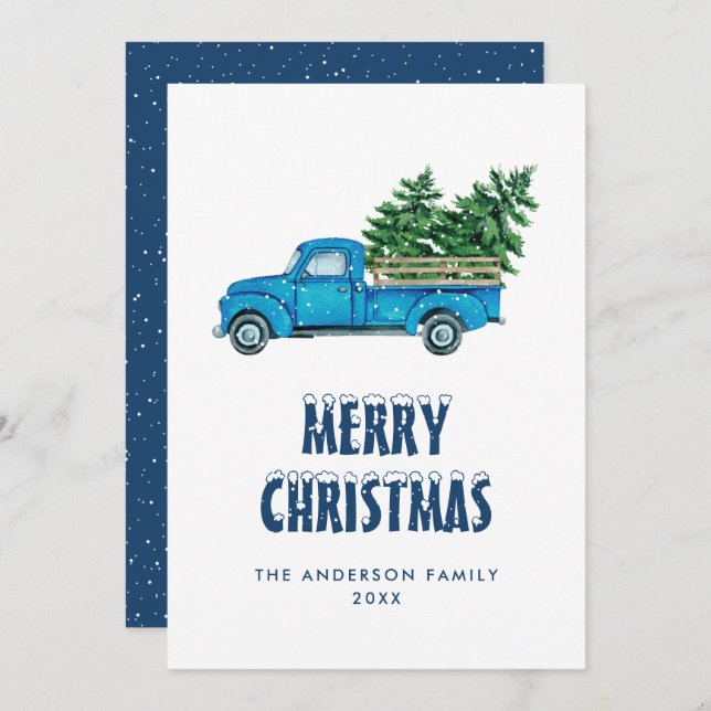 Watercolor Blue Truck Snow Merry Christmas Card (Front/Back)