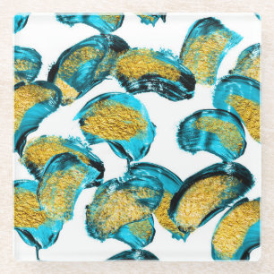 Watercolor blue, turquoise, gold art. glass coaster