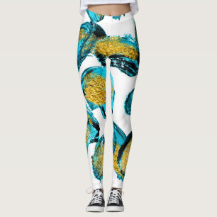 Watercolor blue, turquoise, gold art. leggings