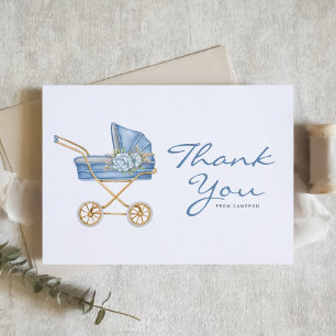 Watercolor Blue Vintage Stroller Baby Shower Thank You Card