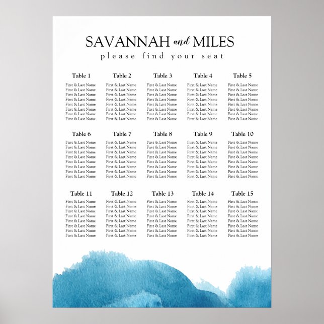 Watercolor Blue Wash Customisable Seating Chart (Front)