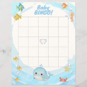 Watercolor Blue Wave Whale Baby Bingo Flyer