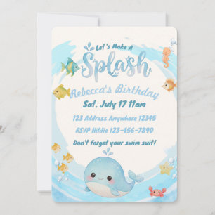 Watercolor Blue Wave Whale Birthday Invitation