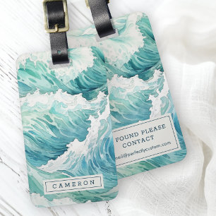 Watercolor blue waves custom name luggage tag