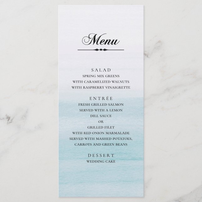 Watercolor blue wedding. Classic elegant nautical Menu (Front)
