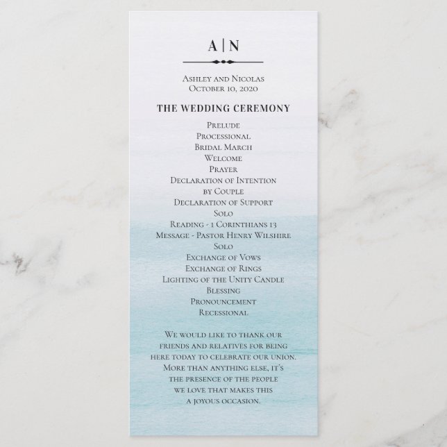 Watercolor blue wedding. Classic nautical simple Program (Front)