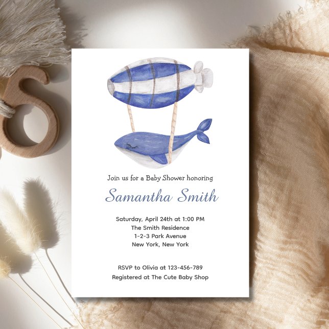 Watercolor Blue Whale Air Balloon Baby Shower Invitation (Watercolor Blue Whale Air Balloon Baby Shower Invitation)