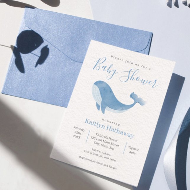Watercolor Blue Whale Baby Shower Invitation (Creator Uploaded)