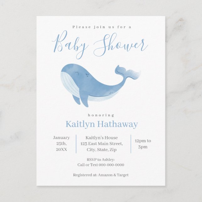 Watercolor Blue Whale Baby Shower Invitation Postcard (Front)