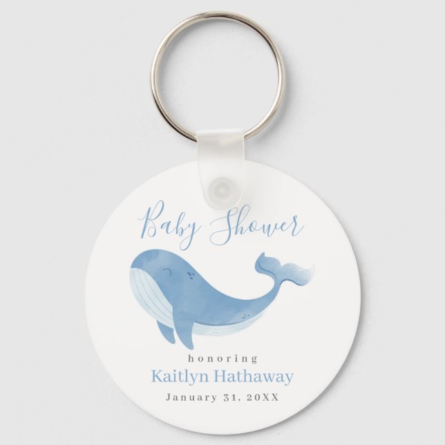 Watercolor Blue Whale Baby Shower Key Ring (Front)