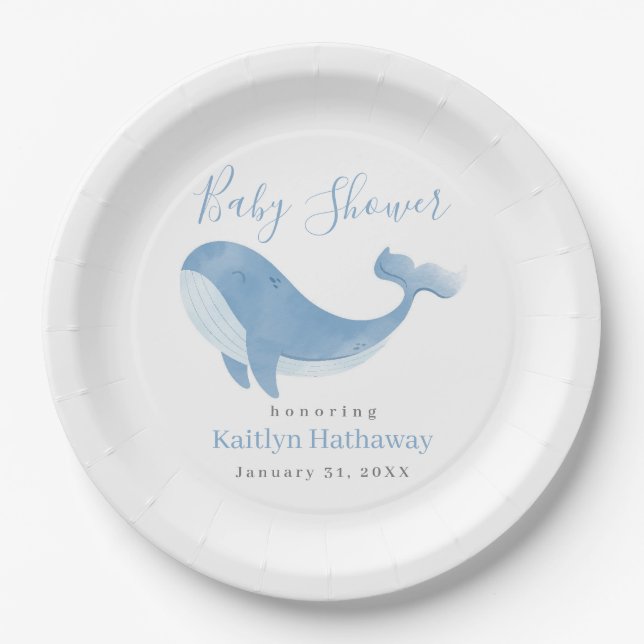 Watercolor Blue Whale Baby Shower Paper Plate (Front)