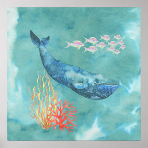 Watercolor Blue Whale ID368 Poster