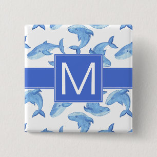 Watercolor Blue Whale Pattern 15 Cm Square Badge