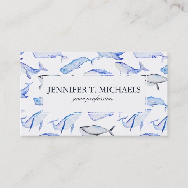 Watercolor Blue Whale Pattern Business Card (Front)