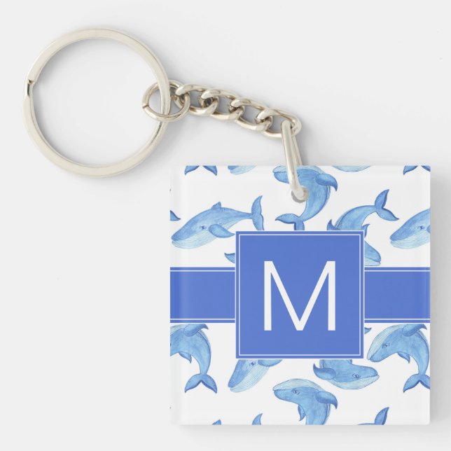 Watercolor Blue Whale Pattern Key Ring (Front)
