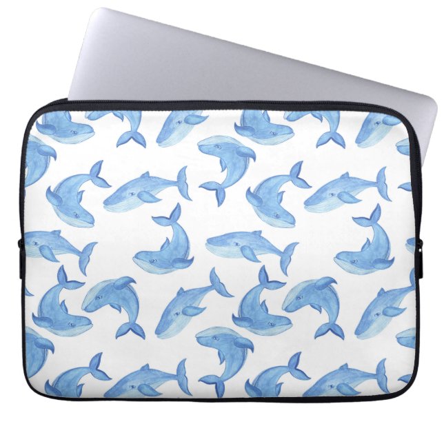 Watercolor Blue Whale Pattern Laptop Sleeve (Front)