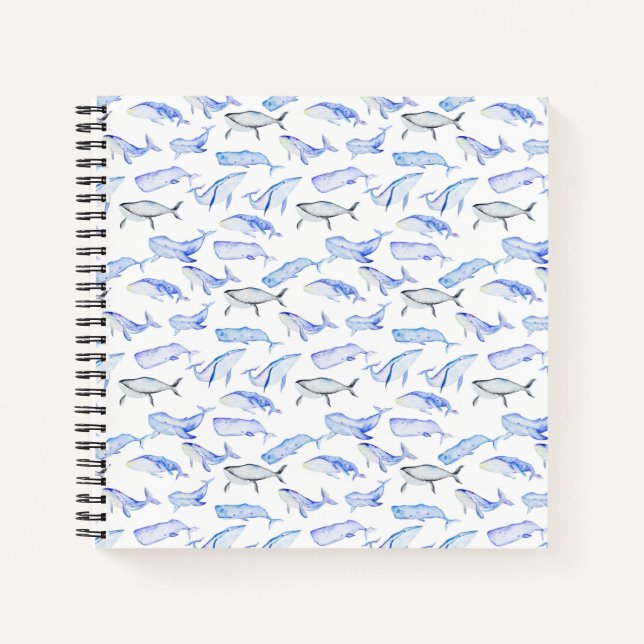 Watercolor Blue Whale Pattern Notebook (Front)