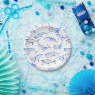 Watercolor Blue Whale Pattern Paper Plate