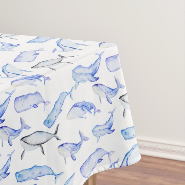 Watercolor Blue Whale Pattern Tablecloth (In Situ)