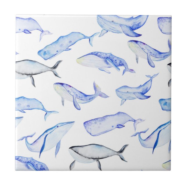 Watercolor Blue Whale Pattern Tile (Front)