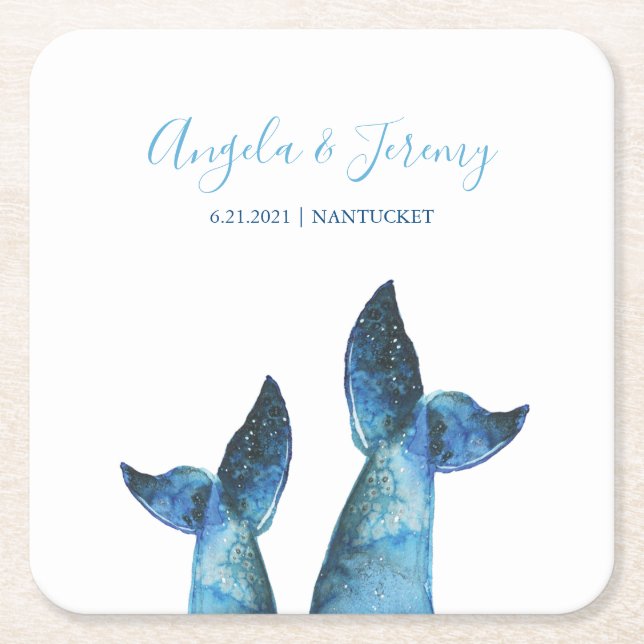 Watercolor Blue Whale Tale Wedding Square Paper Coaster (Front)